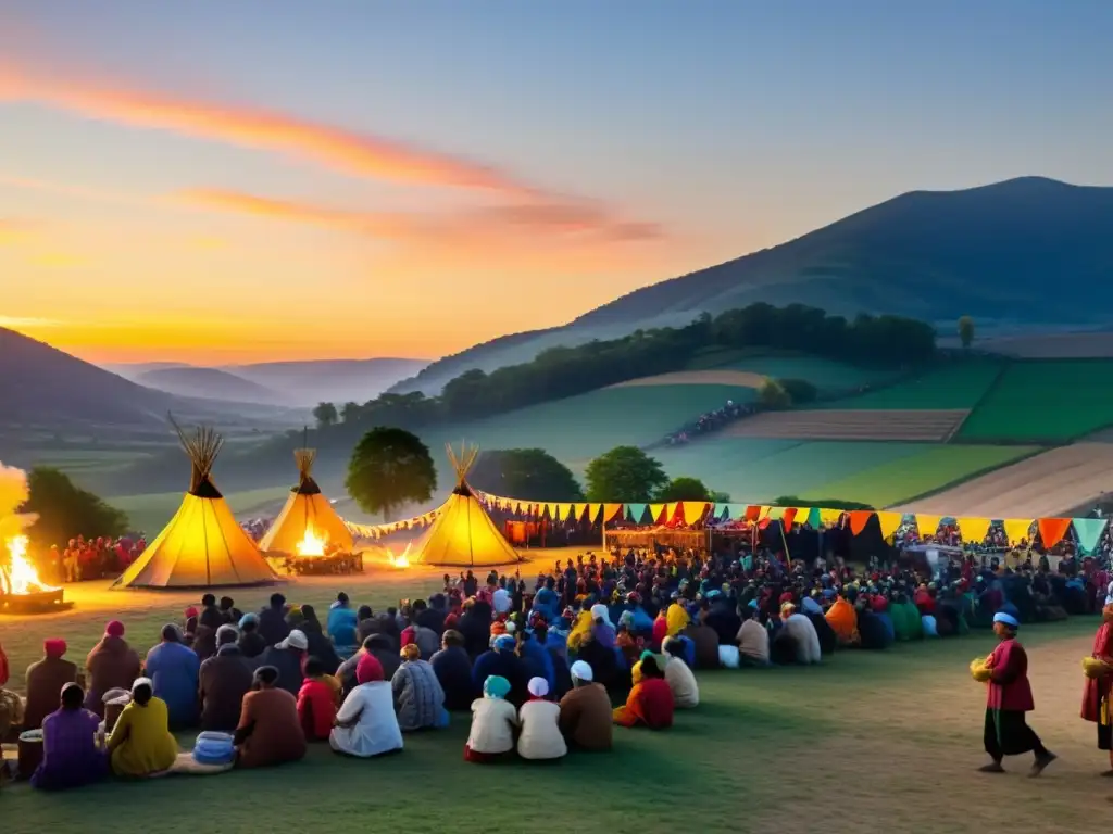 Animada fiesta de la cosecha en un bullicioso pueblo, con tradiciones y abundancia en el ambiente festivo al atardecer