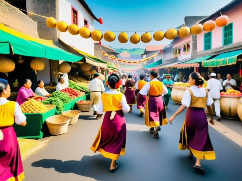 Una animada Fiesta de la Cosecha significado tradiciones, con bailes, música y coloridas decoraciones tradicionales