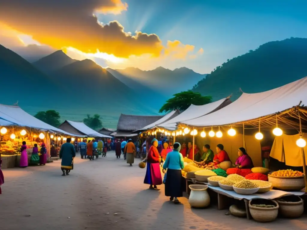 Un animado mercado en un remoto pueblo, donde los lugareños venden productos artesanales y se respira la energía de los rituales culturales