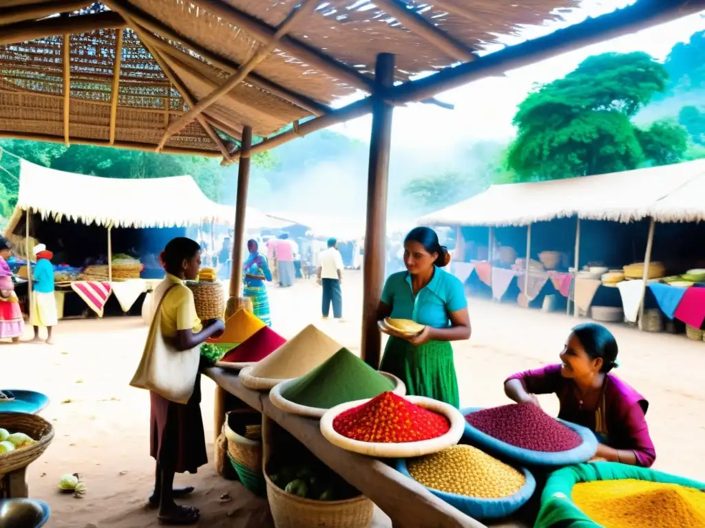 Animado trueque en un mercado rural, reflejando tradiciones de trueque en rituales con colores vibrantes y comunidad unida