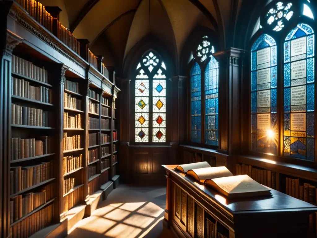 Antigua biblioteca iluminada por la luz solar, repleta de manuscritos antiguos y tomos polvorientos, creando una atmósfera mística