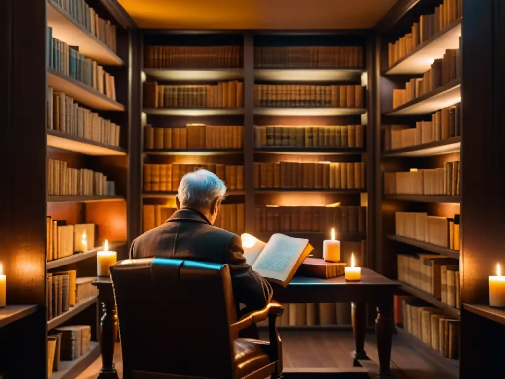 En una antigua biblioteca, un personaje lee absorto mientras velas iluminan la estancia