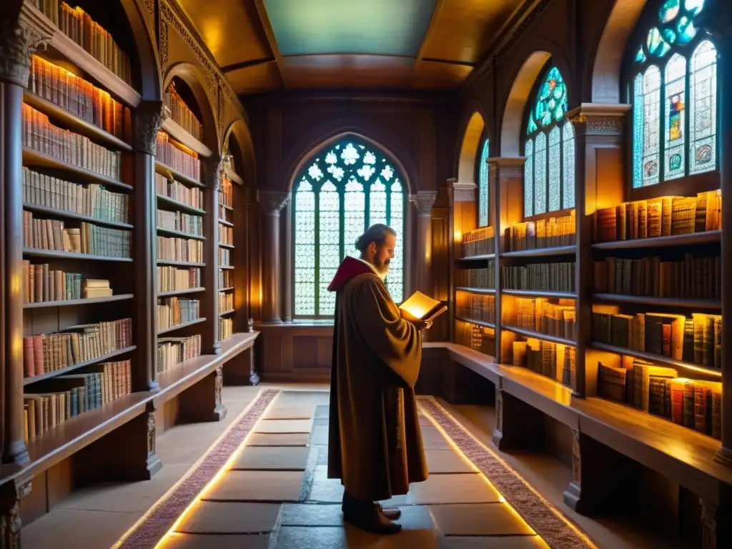 Antigua biblioteca con significado en rituales, eruditos y libros en ambiente cálido y místico