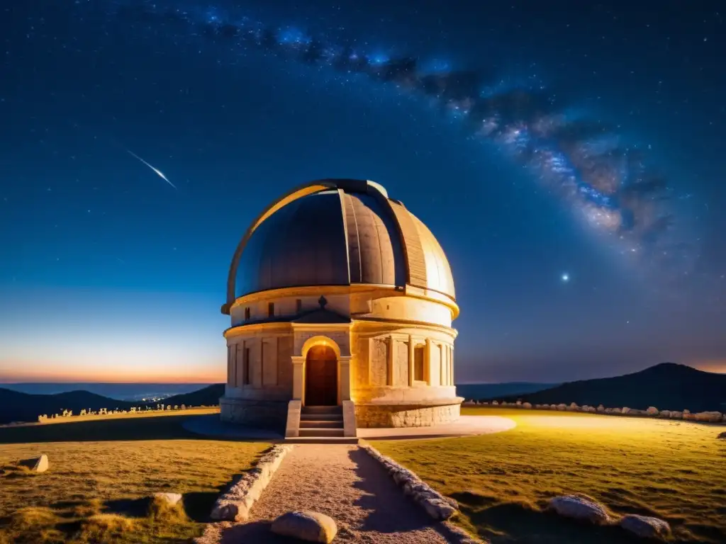 Antigua observatorio astronómico iluminado por la luna, con intrincadas estructuras de piedra y grandes instrumentos celestes