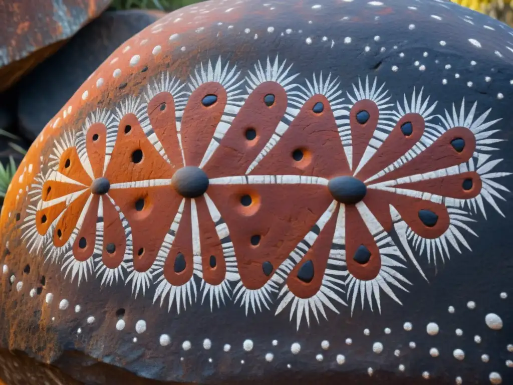 Pintura rupestre aborigen: misterio y espiritualidad en la antigüedad Antigua pintura rupestre aborigen con patrones geométricos y colores terrosos vibrantes en cueva iluminada por luz tenue