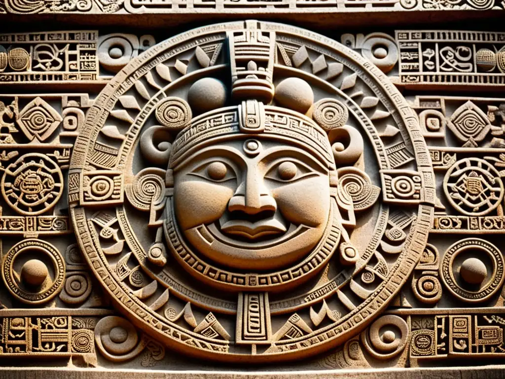 Una antigua talla maya iluminada por luz cálida revela intrincados símbolos y patrones