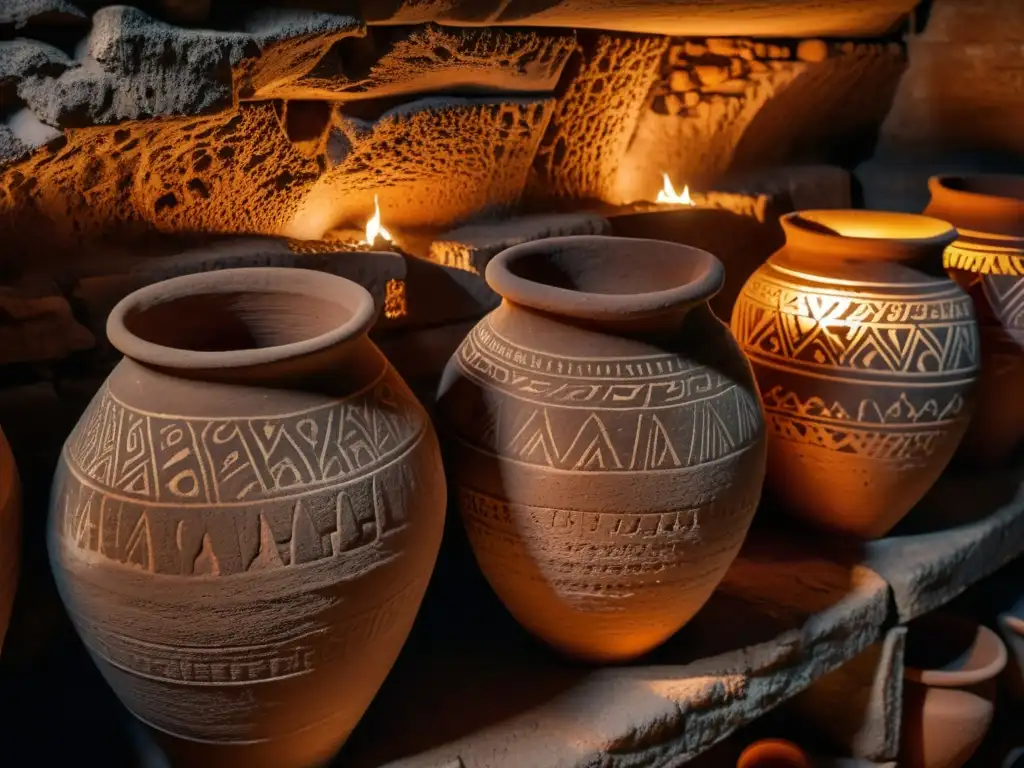 Antiguas ánforas de barro en misteriosa bodega iluminada, evocando rituales de fermentación en culturas divinas