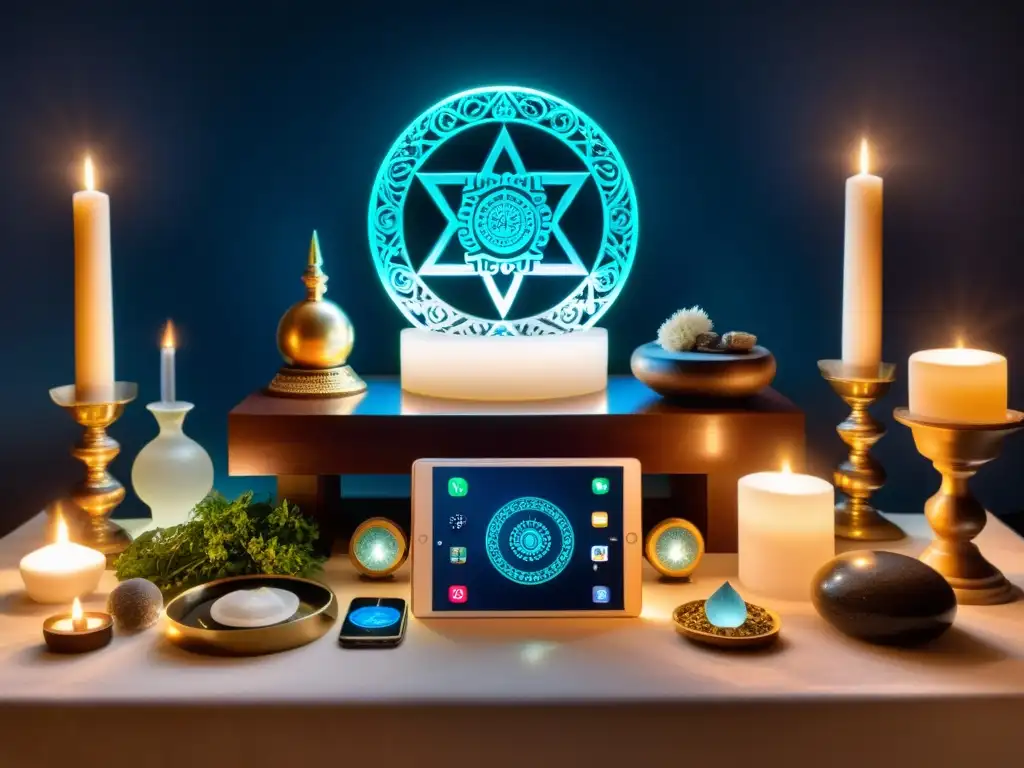 Un antiguo altar decorado con smartphones, tabletas y relojes inteligentes, bañados por la luz de la luna