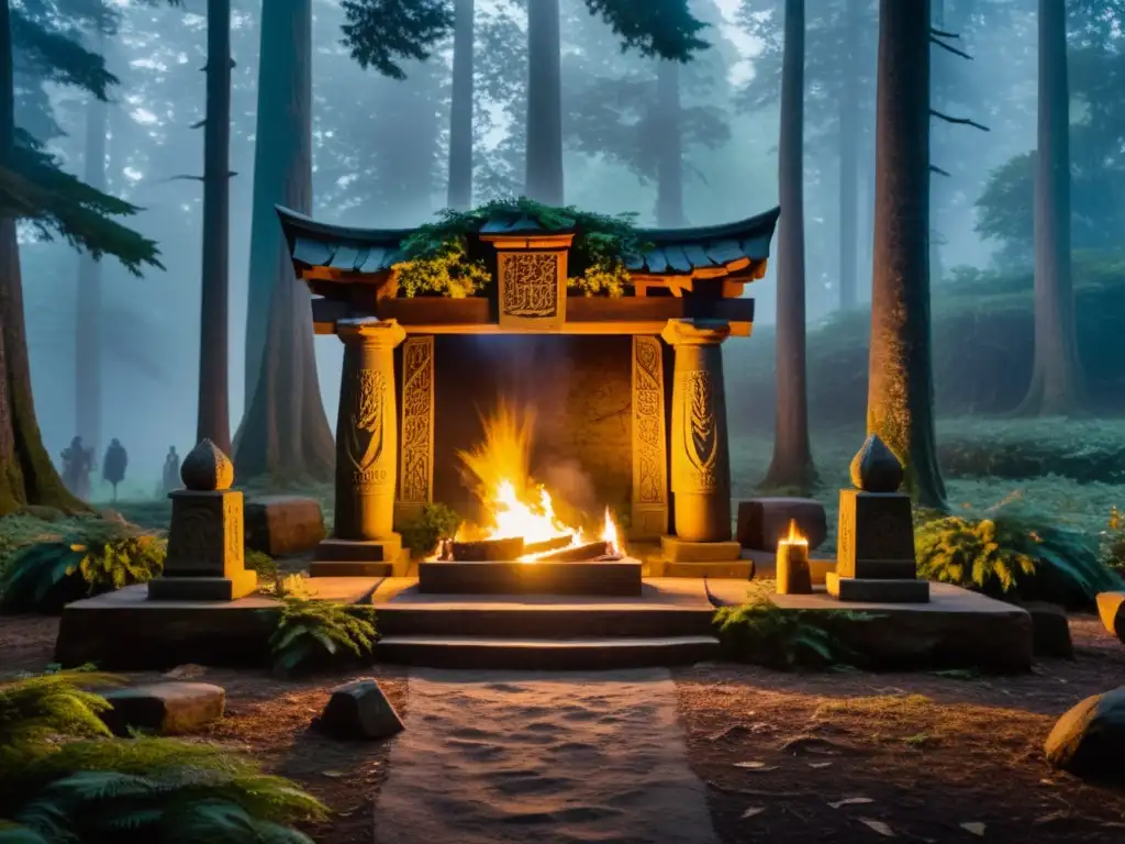 Un antiguo altar de piedra en un bosque místico, rodeado de antorchas y figuras encapuchadas realizando un ritual