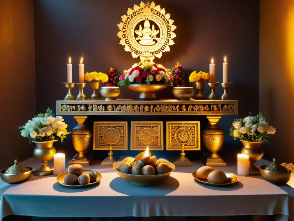 Un antiguo altar sacrificio con ofrendas de comida y flores, bañado en luz dorada, rodeado de figuras en un ritual