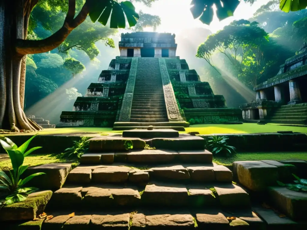 Antiguo altar de sacrificios humanos en rituales culturales, en un templo maya rodeado de símbolos y selva misteriosa