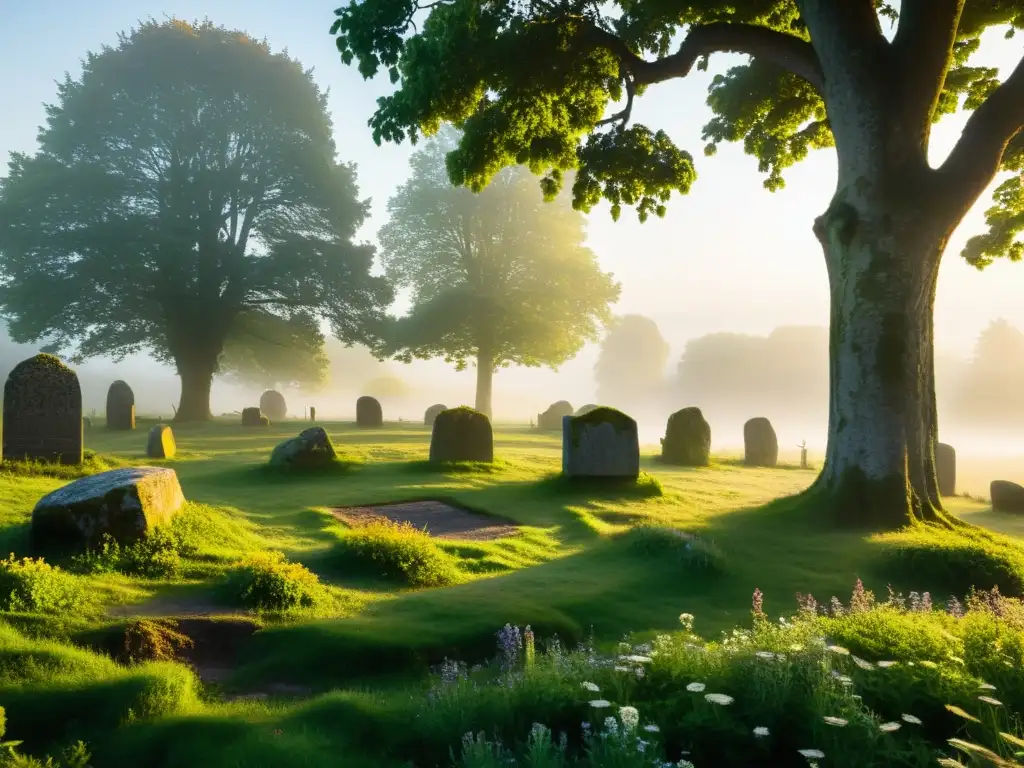 Un antiguo cementerio de círculos de piedra en Europa, con tumbas rodeadas de flores silvestres y árboles cubiertos de musgo