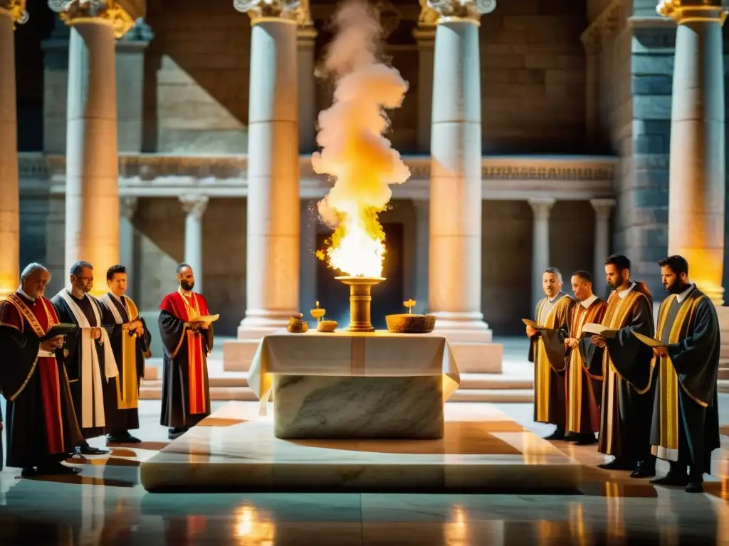 Un antiguo ritual de exorcismo romano en un majestuoso templo de mármol