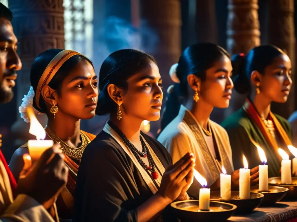 Un antiguo ritual religioso en un templo iluminado por velas, rodeado de una atmósfera sagrada