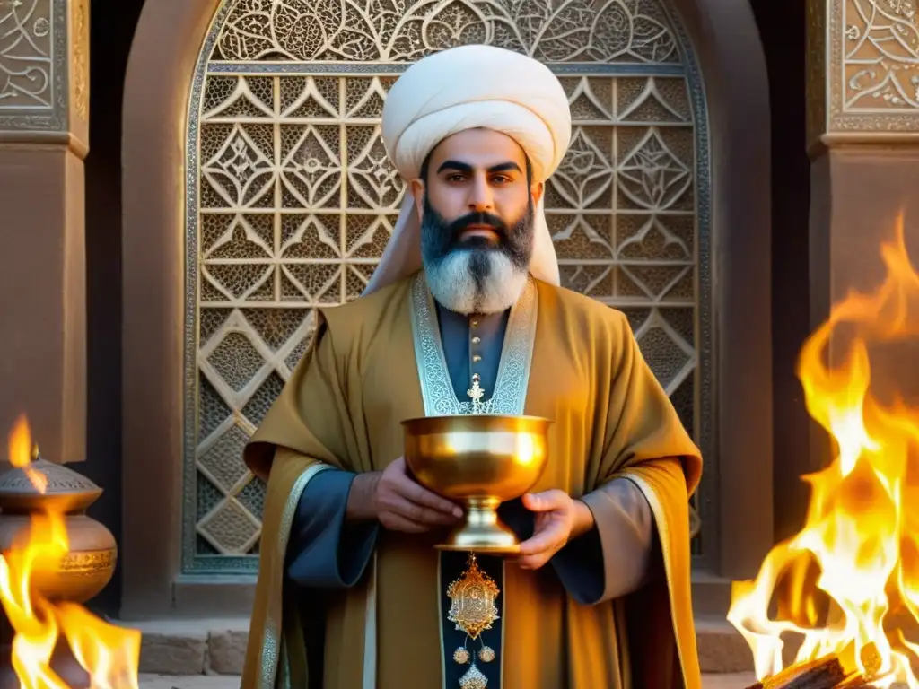 Un antiguo sacerdote persa realiza el ritual de la Mesa Haoma en un templo sagrado, rodeado de seguidores devotos