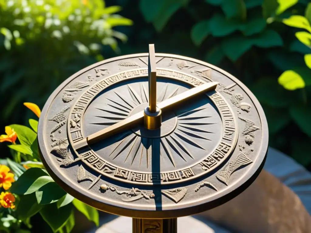 Antiguo sundial rodeado de exuberante vegetación y flores, capturando el concepto de eternidad y rituales de culturas pasadas