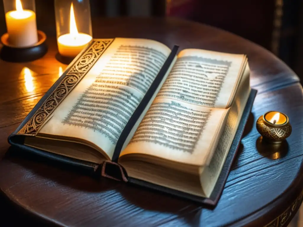 Antiguo tomo de rituales místicos con símbolos y caligrafía detallada, iluminado por la luz de las velas en una mesa de madera