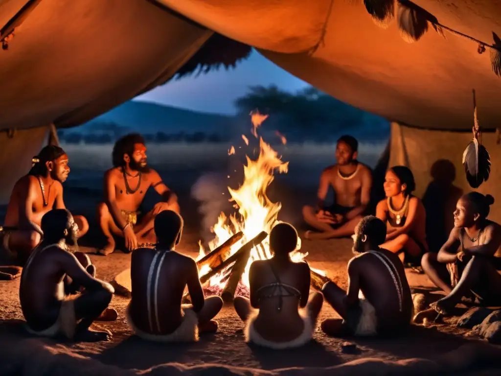 Antiguos ancestros reunidos alrededor del fuego en la noche prehistórica, compartiendo rituales y tradiciones