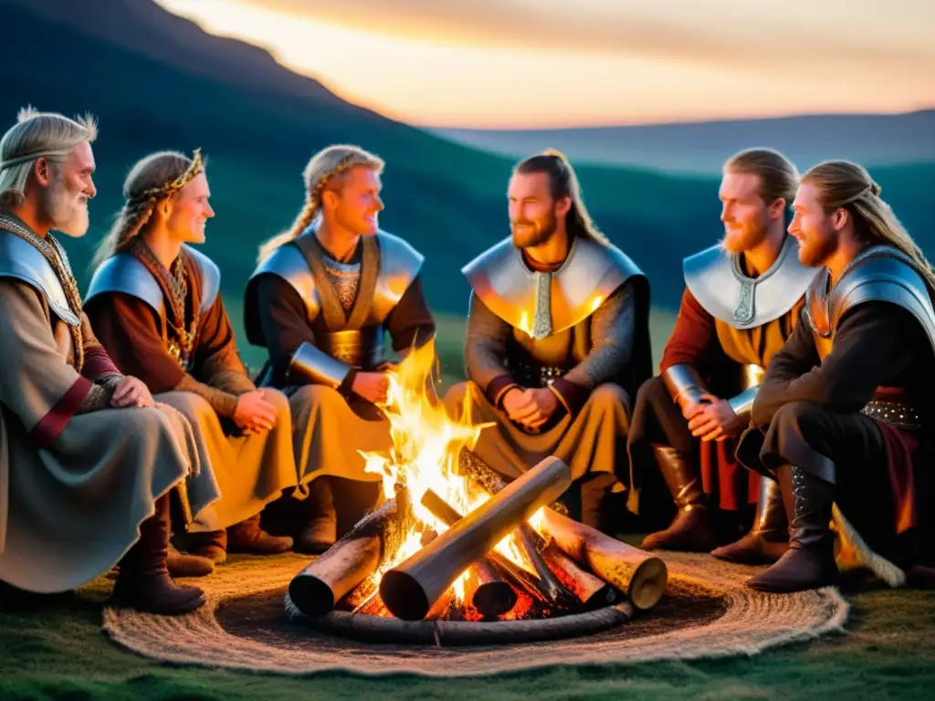 Guerreros nórdicos compartiendo un cuerno de hidromiel junto al fuego Antiguos guerreros nórdicos comparten bebida ceremonial alrededor del fuego, creando conexión espiritual