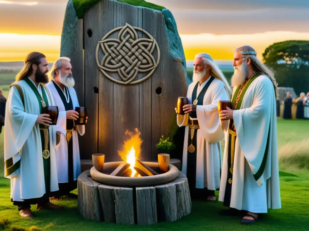 Antiguos rituales celtas con cerveza de cebada en un altar de piedra, evocando misticismo al atardecer