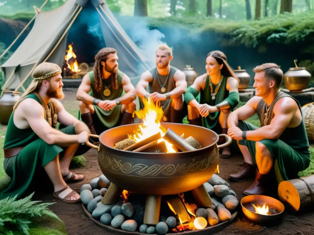 Antiguos rituales celtas: guerreros preparan cerveza de cebada en un místico bosque