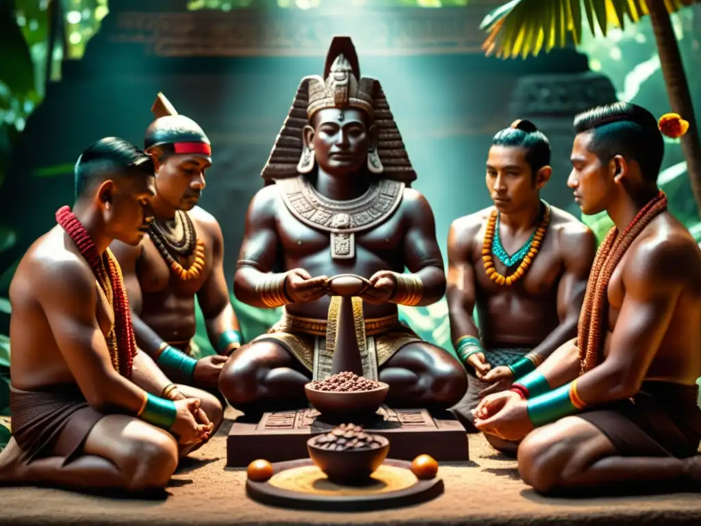 Antiguos sacerdotes mayas ofreciendo cacao y chocolate a los dioses en rituales sagrados, evocando el origen del chocolate en rituales mayas