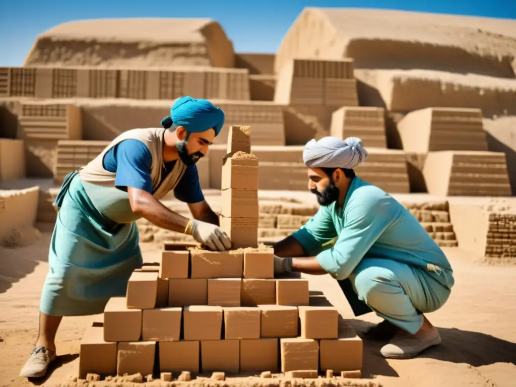 Antiguos trabajadores mesopotámicos apilan ladrillos de barro para construir un ziggurat, siguiendo rituales ceremoniales