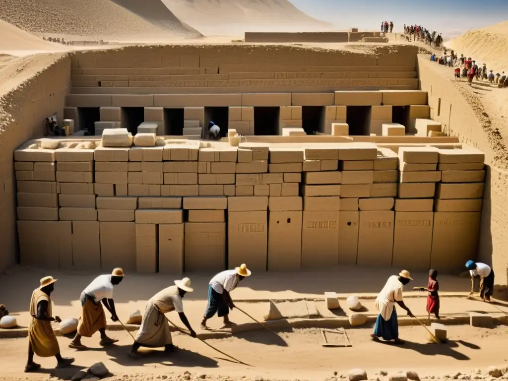 Antiguos trabajadores construyen un zigurat bajo el sol abrasador, mostrando los rituales de construcción templos zigurat en Mesopotamia