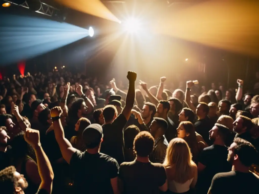 Apasionada multitud en concierto de rock, con banda en el escenario bañado en luz dorada