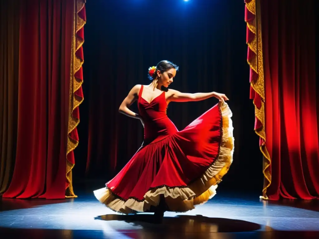 Apasionado ritual del flamenco y duende en escena: bailarina con vestido rojo y negro, expresión intensa, guitarrista acompañando con precisión