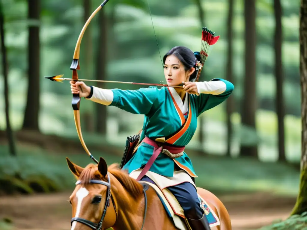 Arquero a caballo practicando tiro con arco en un ritual Sintoísta de Yabusame en un bosque