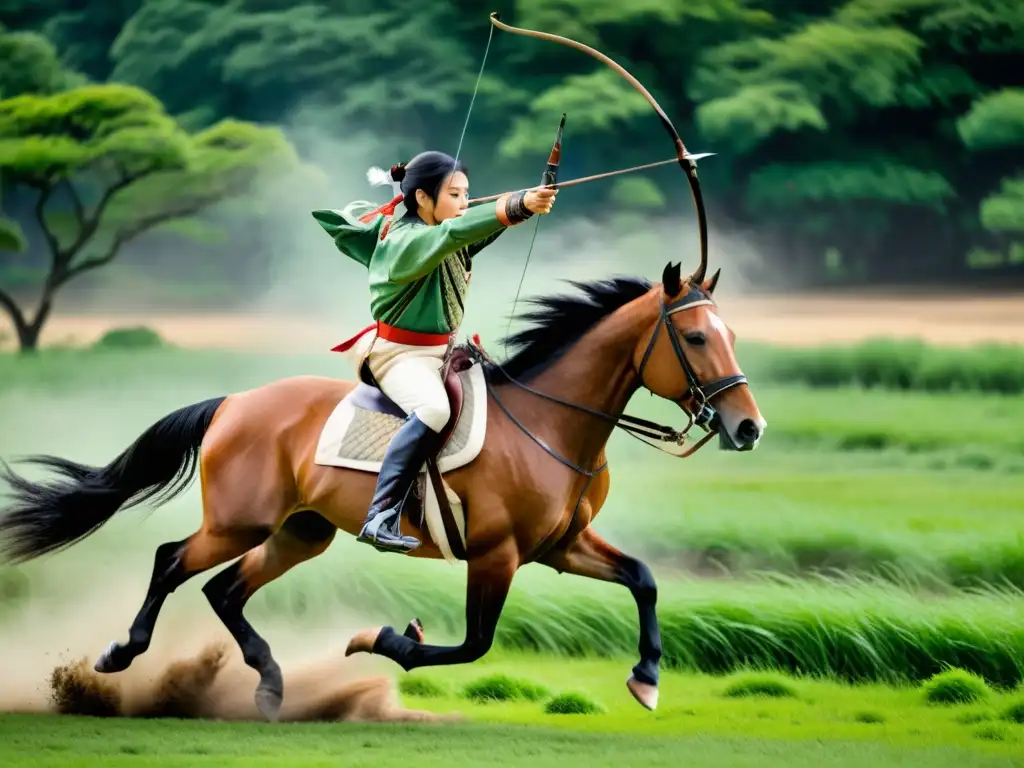 'Arquero montado practicando tiro con arco a caballo en un paisaje natural sereno y tradicional