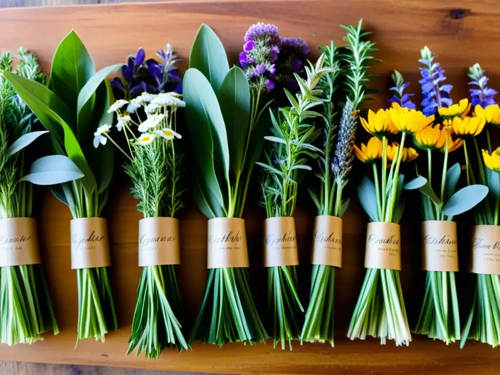 Un arreglo de hierbas y flores frescas, con etiquetas elegantes, sobre una mesa rústica