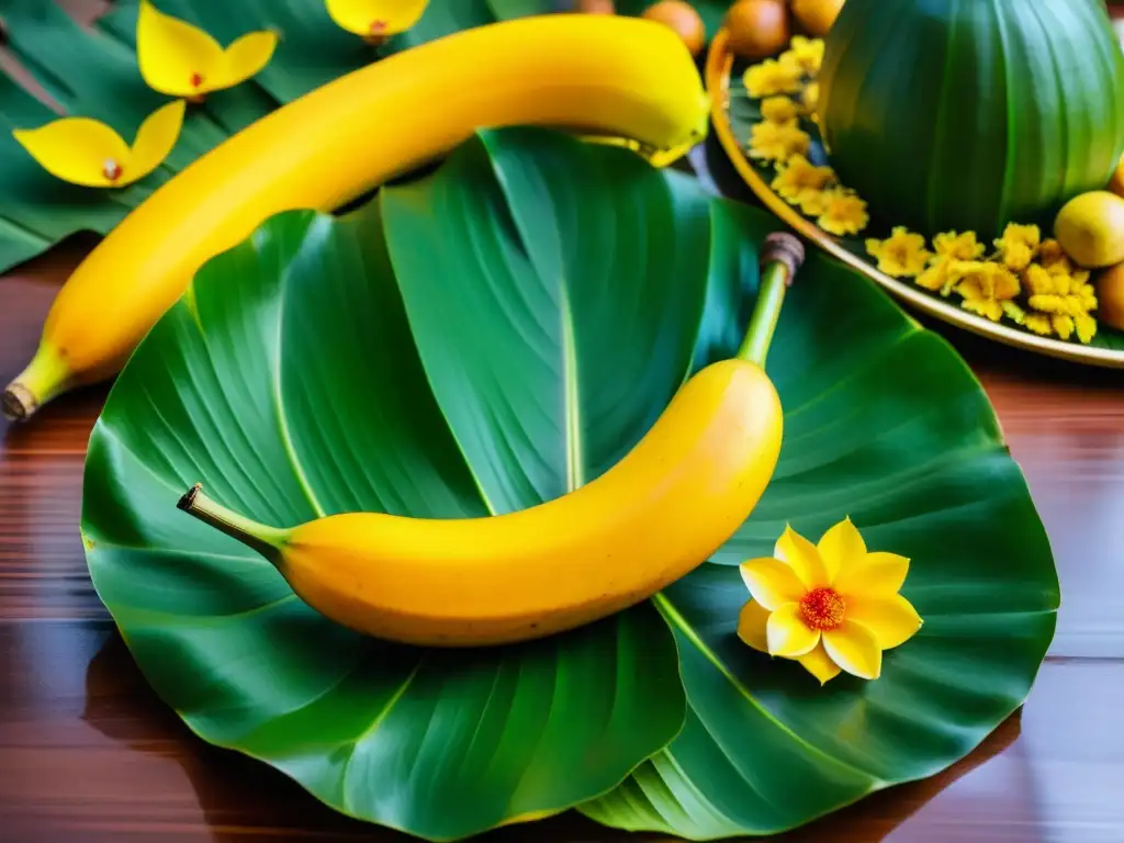 Arreglo tradicional del Año Nuevo Vishu en Kerala, India, con lámpara ceremonial de latón, flores doradas, mangoes, cocos, hojas de betel y espejo en hoja de plátano frente a un ídolo