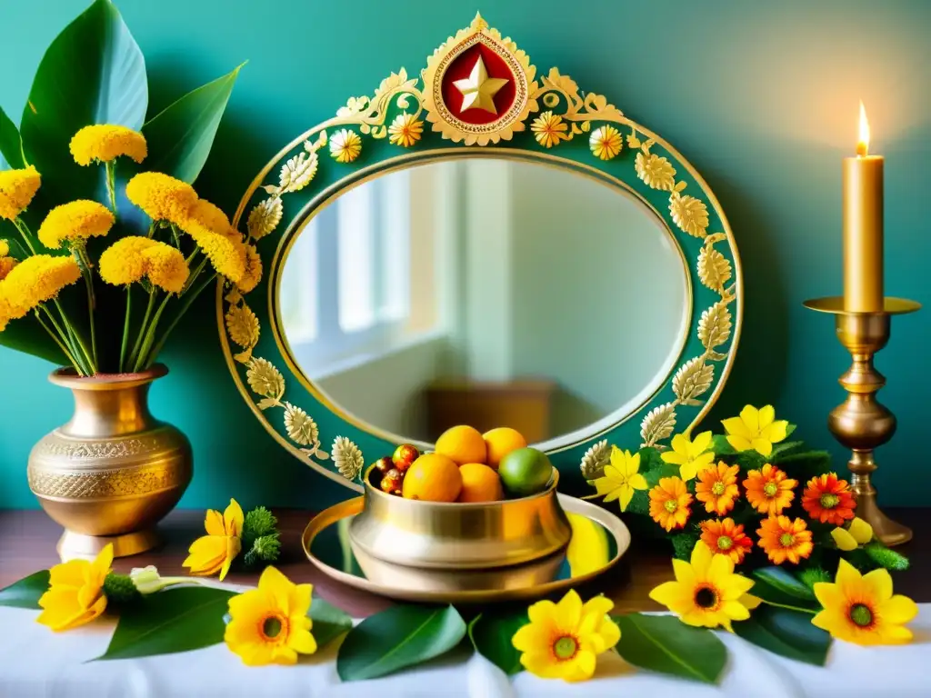 Un arreglo tradicional del Vishu Kani en Kerala con vibrantes colores y detalles, reflejando la rica tradición del Año Nuevo Vishu