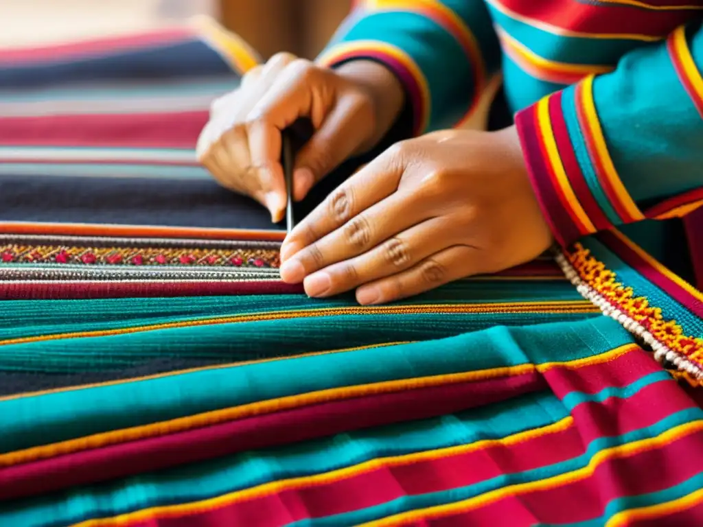 Artesana teje un textil andino sagrado con colores vibrantes y patrones intrincados, destacando la artesanía