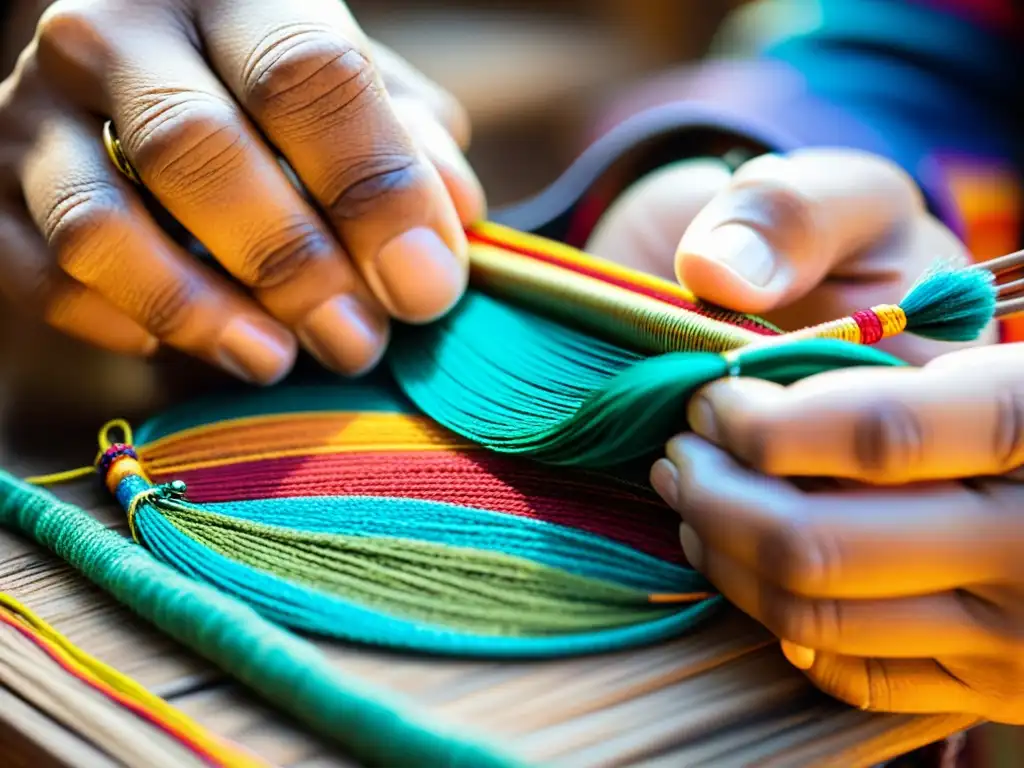 Un artesano hábil crea un amuleto de la fortuna en rituales, tejiendo hilos coloridos con elementos simbólicos