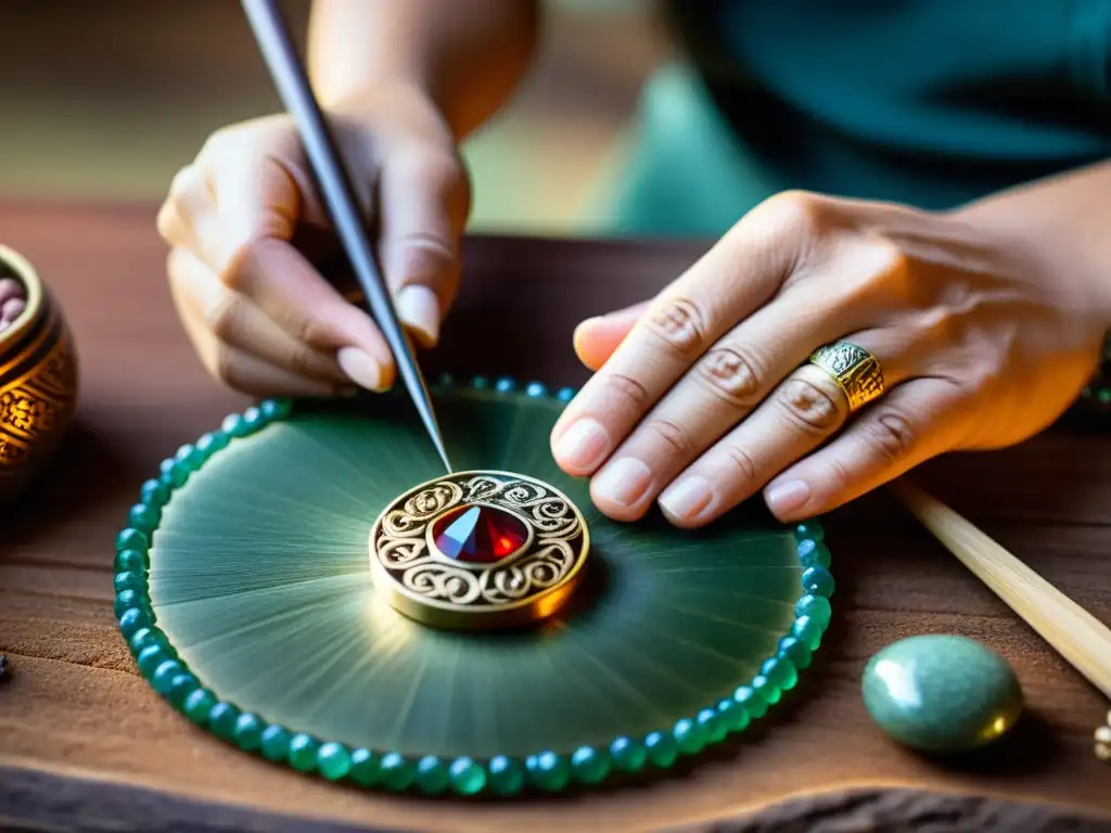 Artesano creando amuleto con materiales preciosos, destreza y tradición