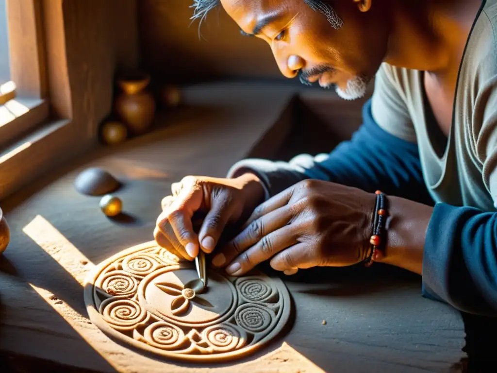 Un artesano crea y consagra amuletos de protección en una escena llena de sabiduría ancestral y maestría artesanal