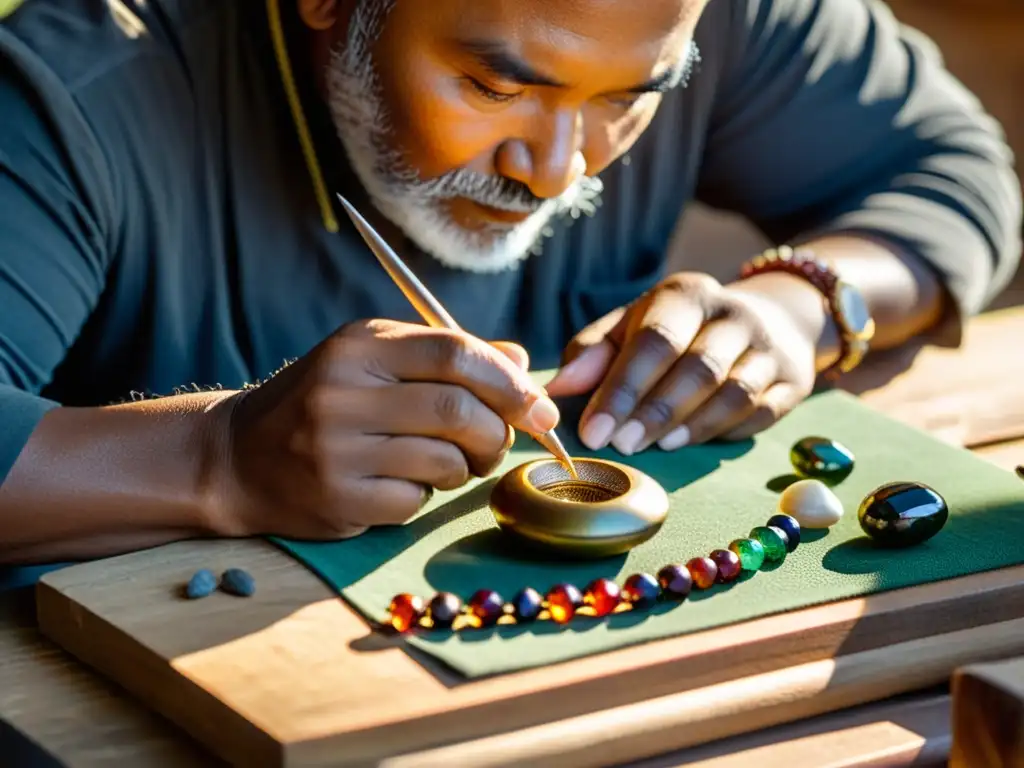 Artesano creando amuletos y talismanes con materiales naturales en un taller iluminado por la luz del sol, evocando tradición y sabiduría ancestral