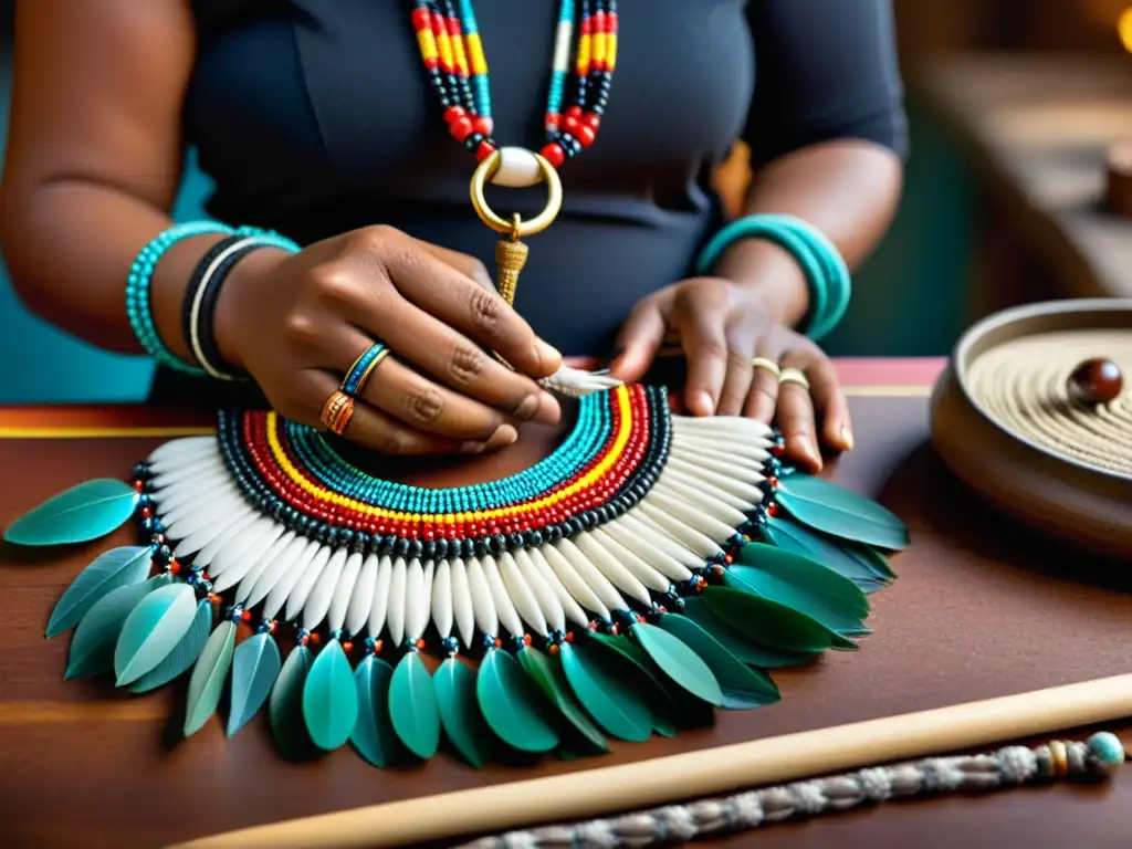 Artesano elaborando collar indígena con significado en rituales culturales, utilizando materiales naturales y plumas vibrantes en taller atmosférico