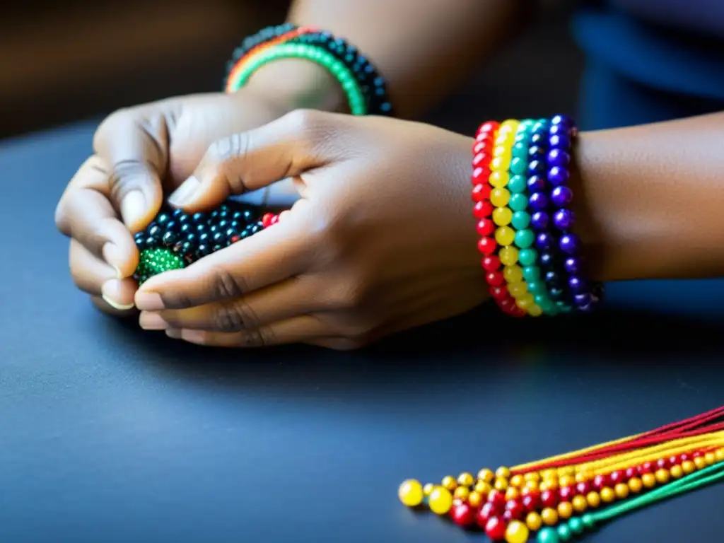 Un artesano cuidadosamente ensarta cuentas de colores en un hilo, creando una pulsera vibrante