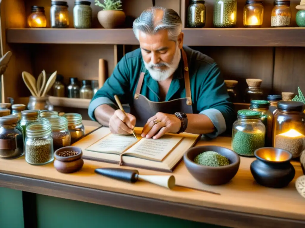 Un artesano crea con cuidado amuletos y talismanes en un ambiente místico y cálido