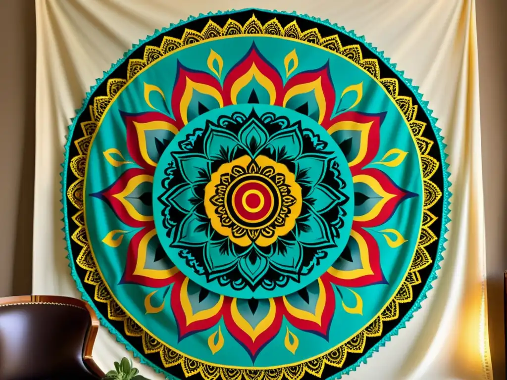 Un artesano crea con cuidado un tapiz mandala con colores vibrantes y patrones intrincados, destacando el significado cultural y espiritual de la decoración ritualística de mandalas