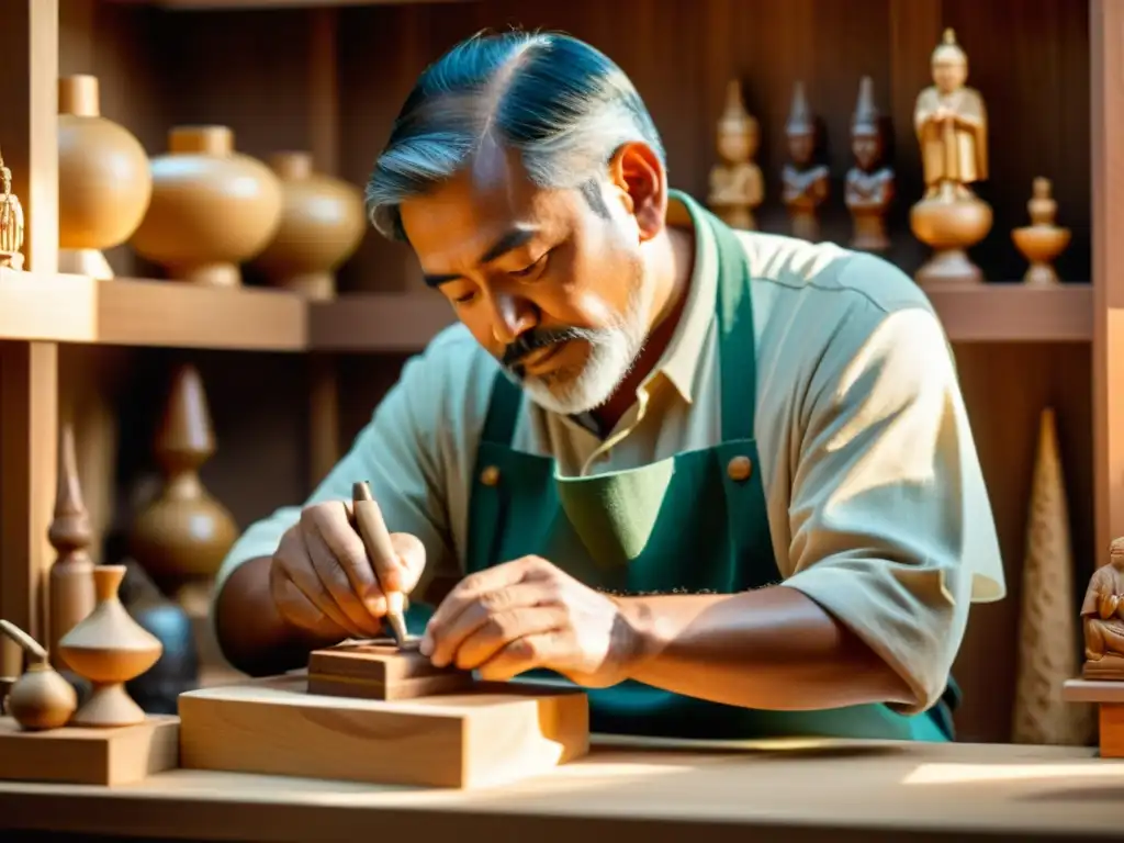 Un artesano tallando con devoción una figura sagrada de madera a mano, iluminado por la cálida luz natural