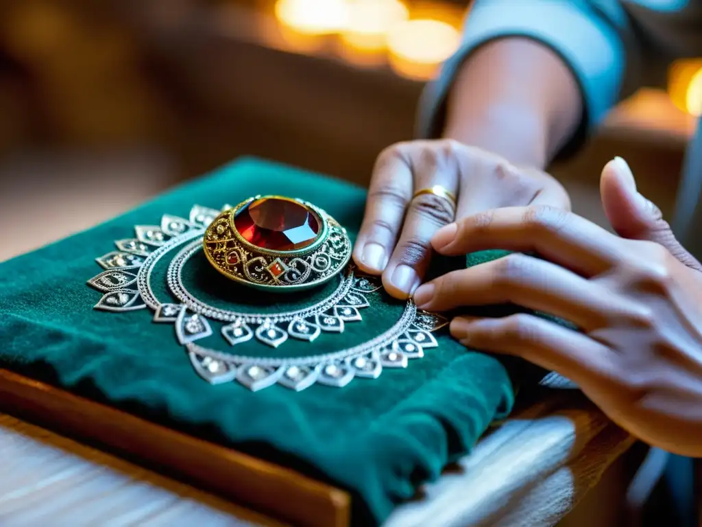 Un artesano experto coloca cuidadosamente una preciosa piedra en una joya, utilizando técnicas ancestrales de consagración de joyería