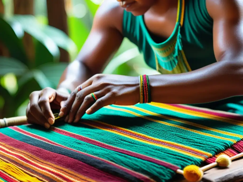 Un artesano indígena amazónico teje patrones vibrantes en un textil ceremonial