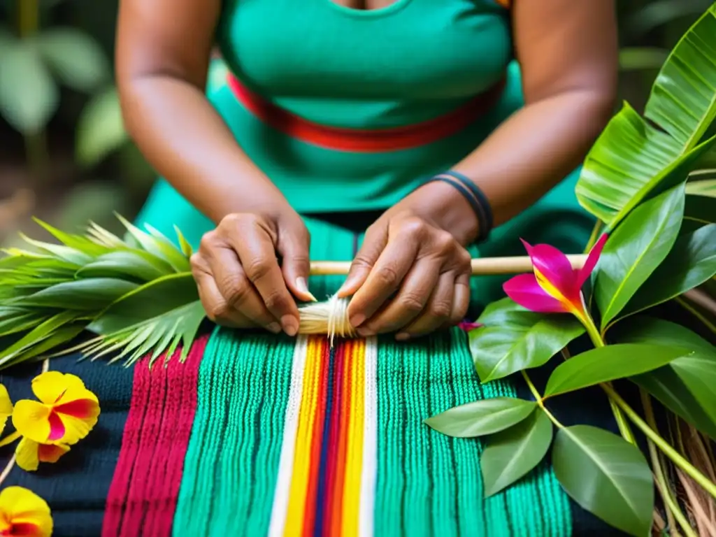 Un artesano indígena amazónico tejiendo textiles ceremoniales con técnicas ancestrales entre exuberante vegetación y flores tropicales