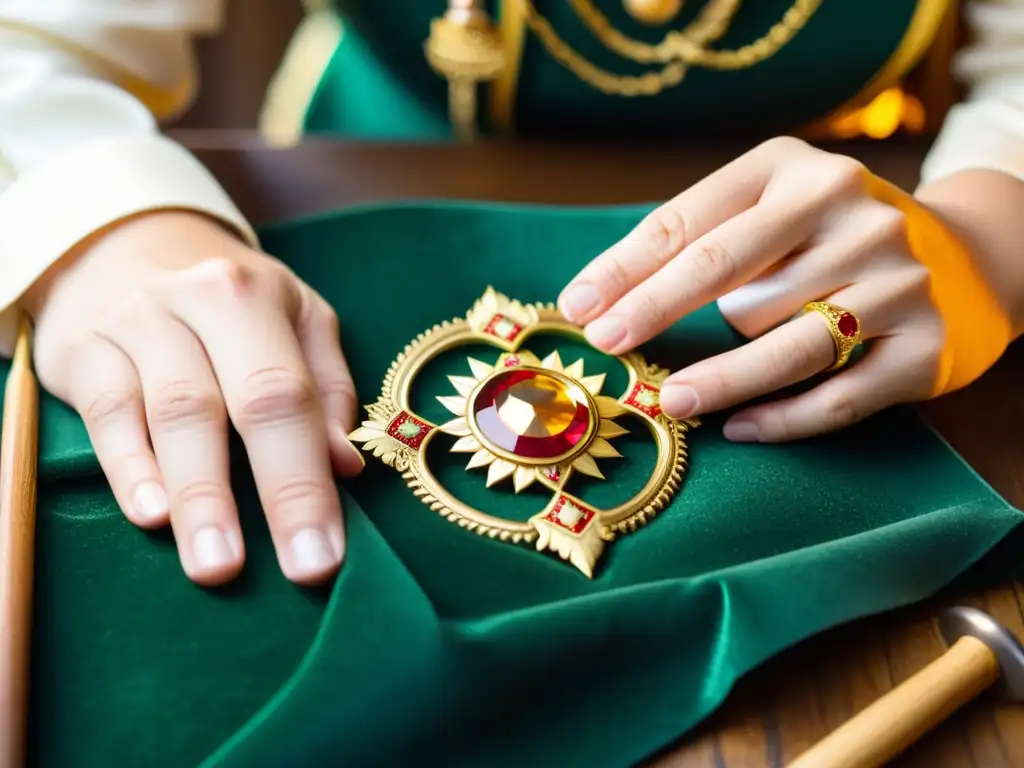 Artesano creando una insignia real con joyería en coronaciones, destacando la artesanía regia y la conexión con la ornamentación real