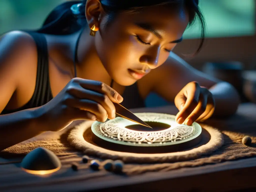 Un artesano crea joyería lunar bajo la luz de la luna, capturando la conexión entre los ciclos lunares y la joyería ritual